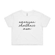 Load image into Gallery viewer, Breed Specific Cat Mom (thin cursive) Crop T-Shirt