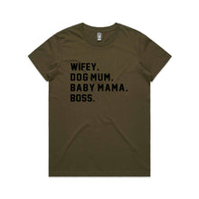 Load image into Gallery viewer, WIFEY. DOG MUM. BABY MAMA. BOSS. Classic T-Shirt